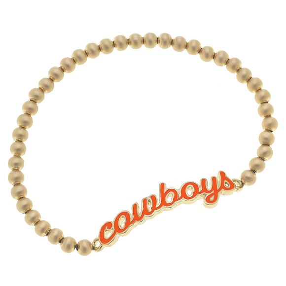 Oklahoma State Cowboys Script Game Day Ball Bead Stretch Bracelet in Satin Gold - Picture 1 of 2